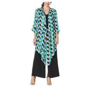 NEW! Lightweight Curations Sharkbite Hem Printed Topper / Cardigan, Green Geo